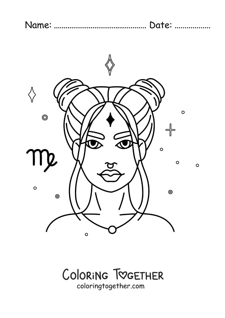 Coloring page of a Virgo sign woman with stars and her symbol