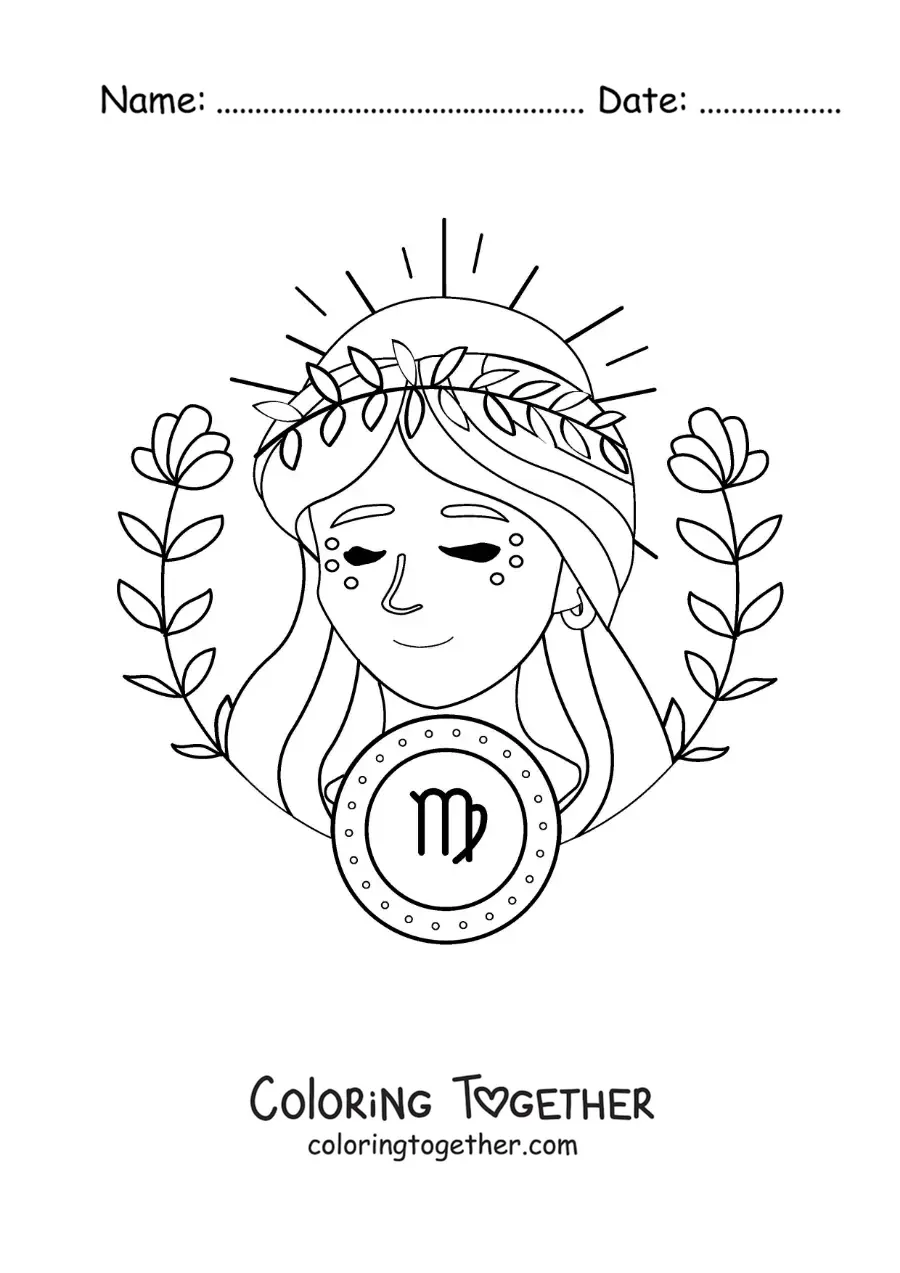 Coloring page of a beautiful animated Virgo sign woman with her symbol and flowers