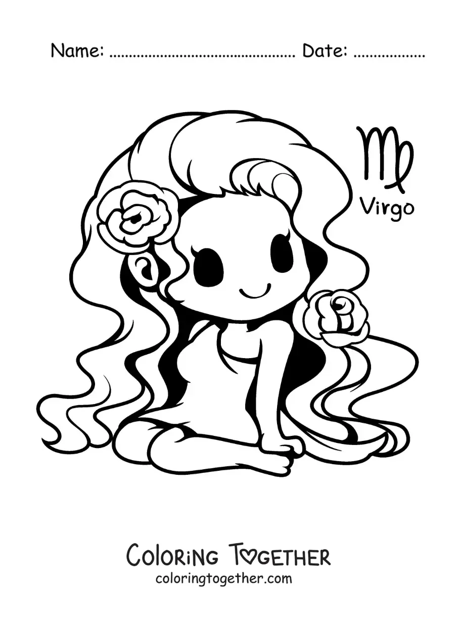Coloring page of a kawaii Virgo sign girl with her symbol