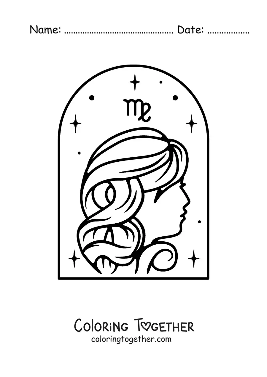 Coloring page of a Virgo sign girl with her symbol and stars