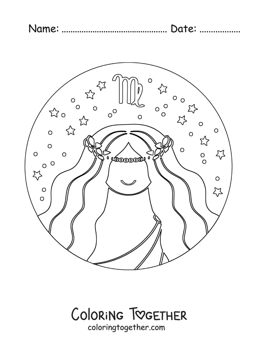 Coloring page of an animated Virgo sign woman with stars