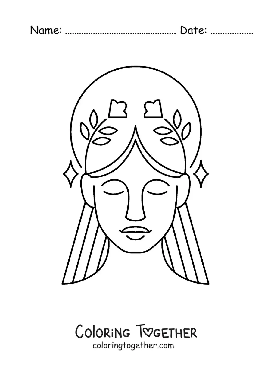 Coloring page of a Virgo sign woman with a flower crown