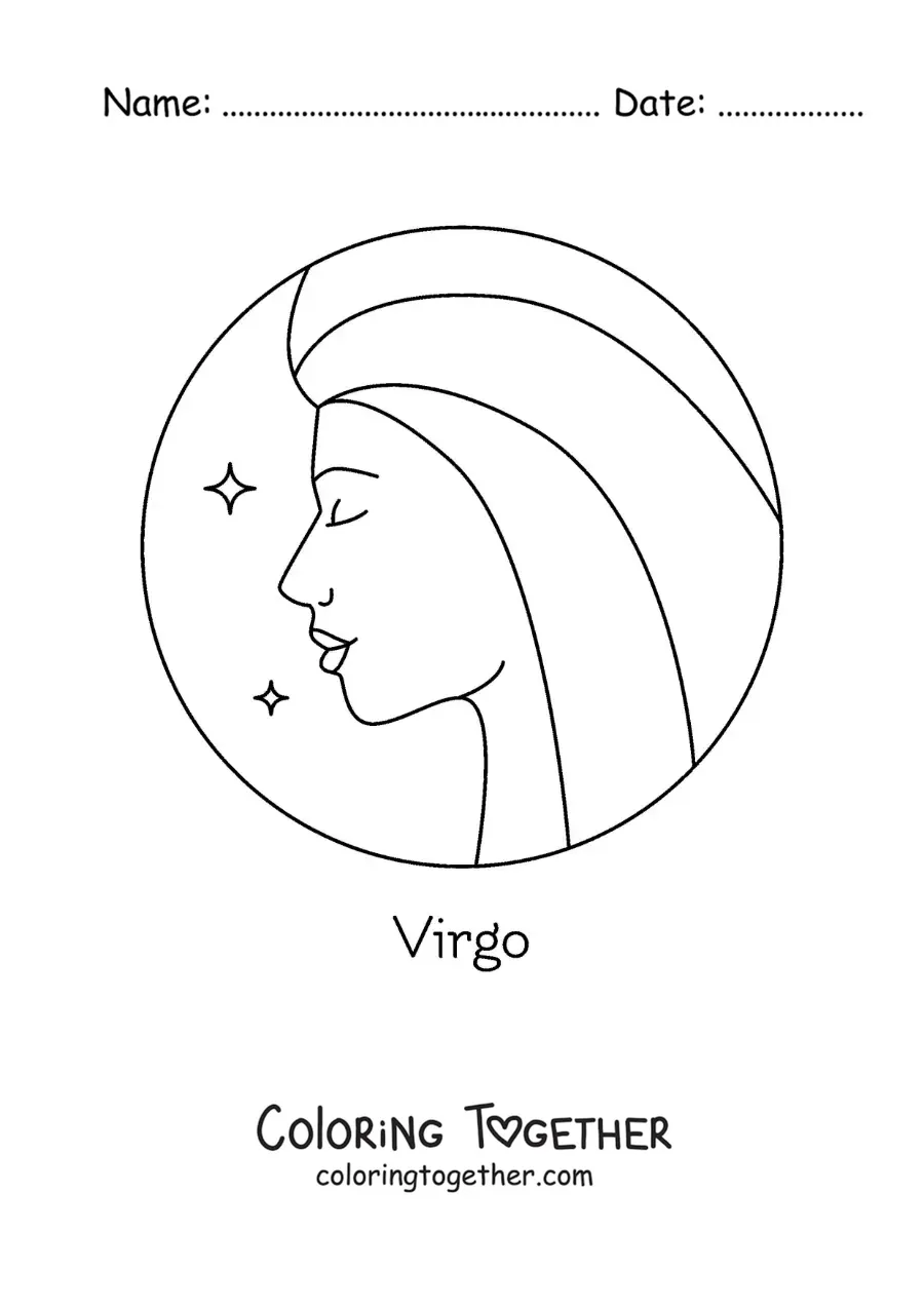 Coloring page of a Virgo woman with the name of the sign