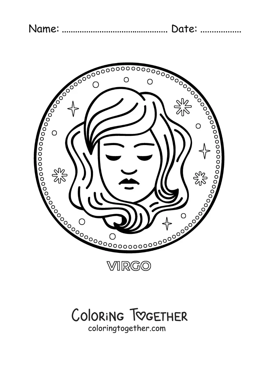 Coloring page of the Virgo zodiac sign with stars