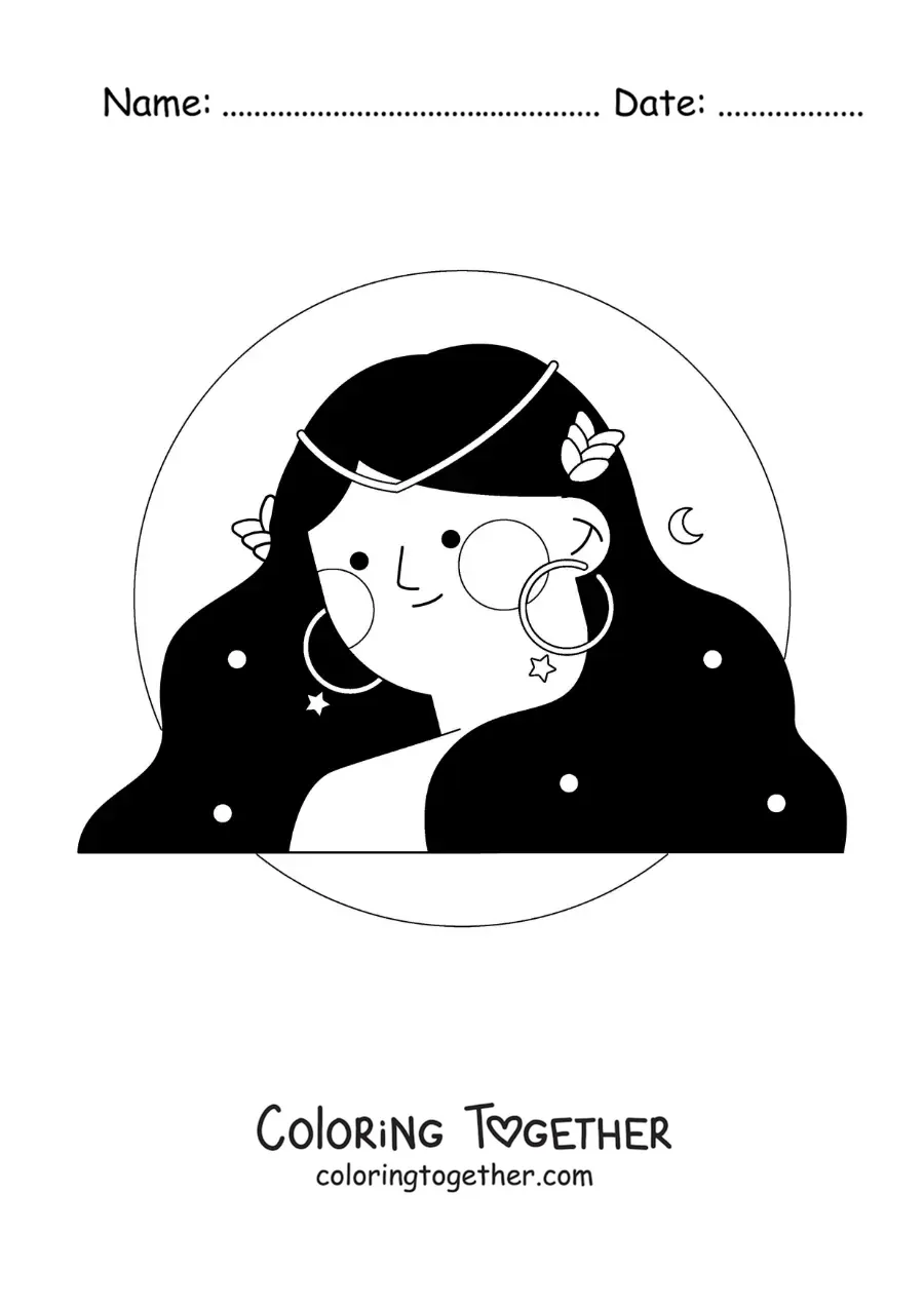 Coloring page of a Virgo zodiac sign girl with a flower crown