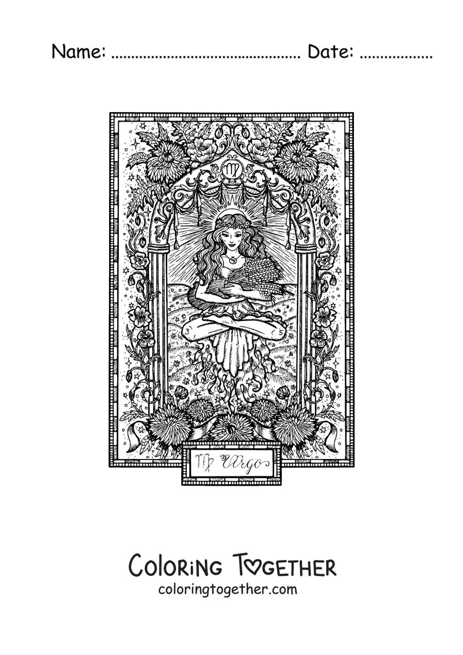 Coloring page of a Virgo sign card