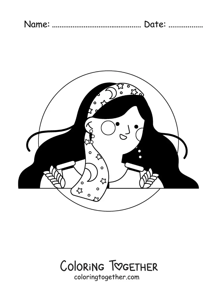 Coloring page of an animated Virgo sign woman