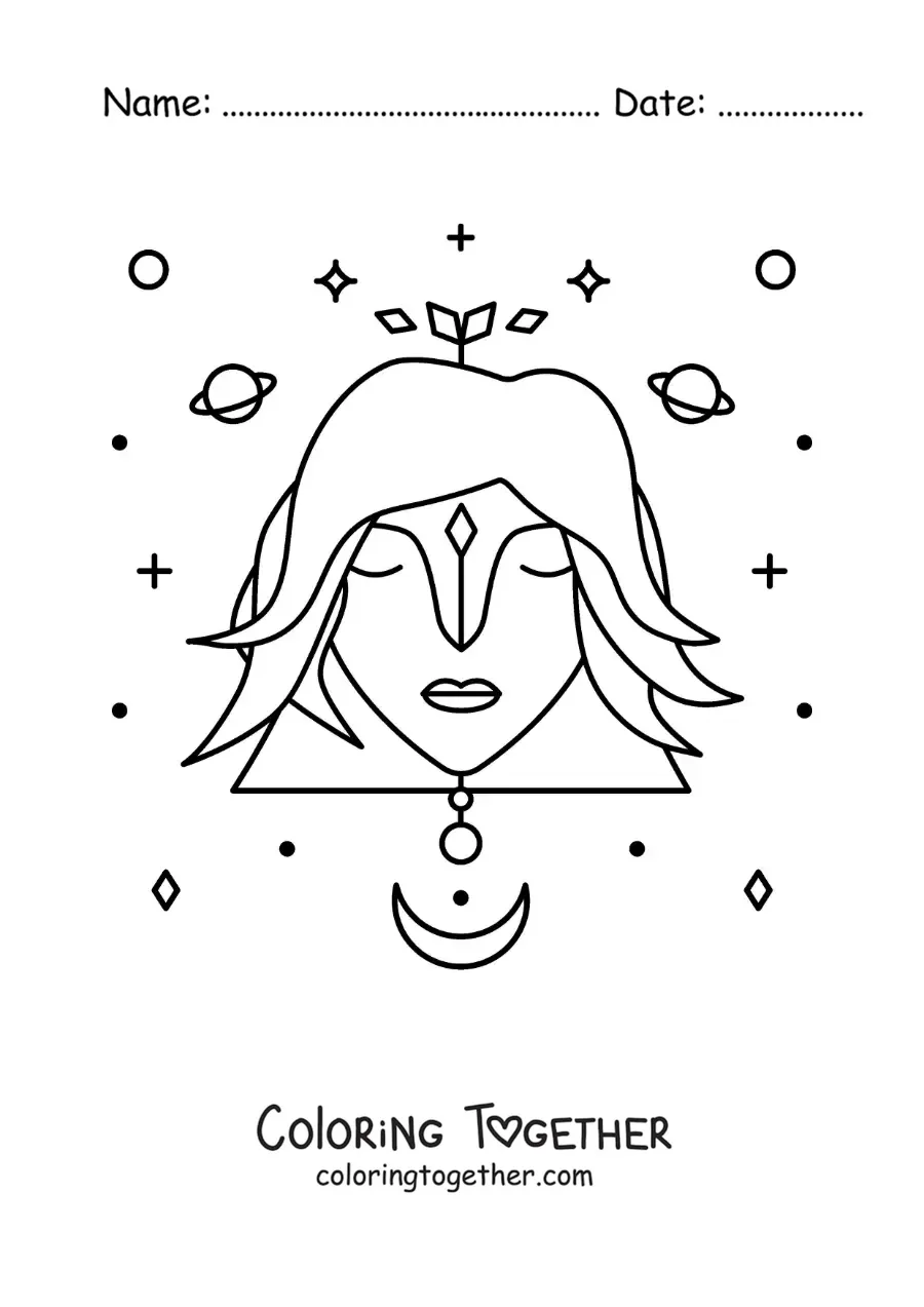 Coloring page of the Virgo sign with stars and celestial bodies