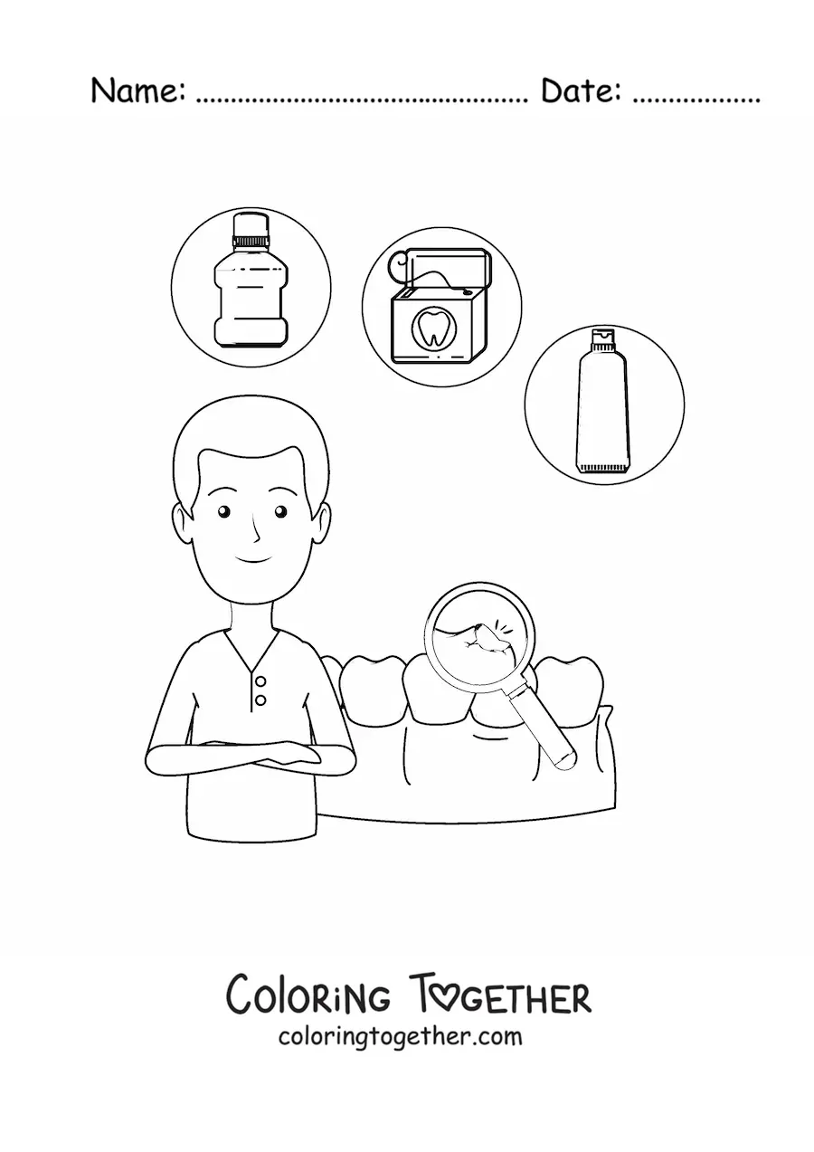 Coloring page of an animated dentist and a cavity