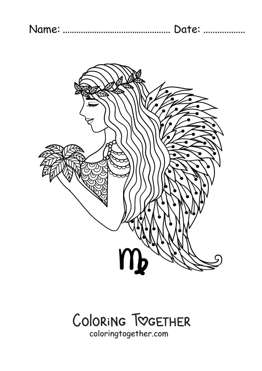 Coloring page of a Virgo sign angel girl