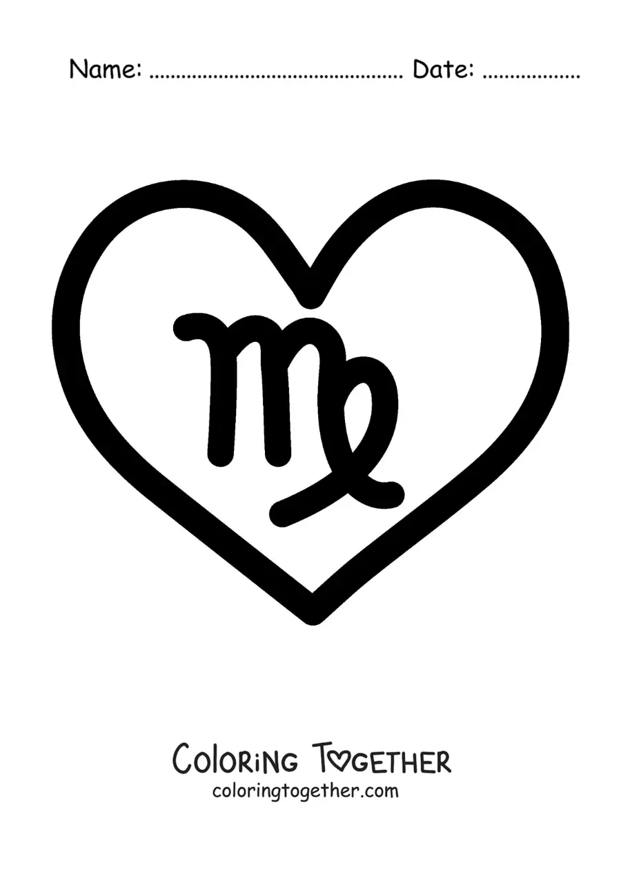 Coloring page of a Virgo sign symbol inside a heart