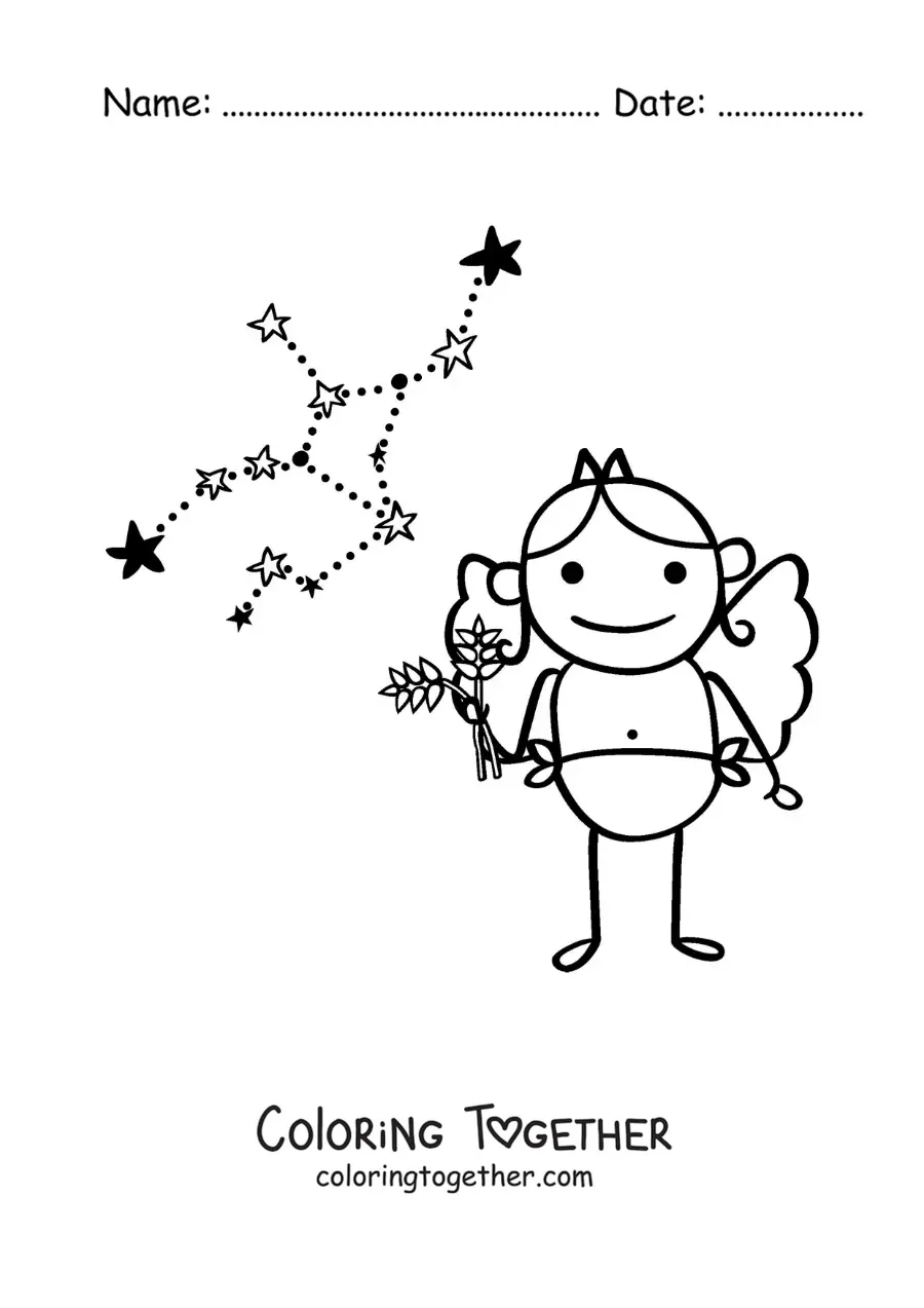 Coloring page of a cartoon Virgo sign character with its constellation