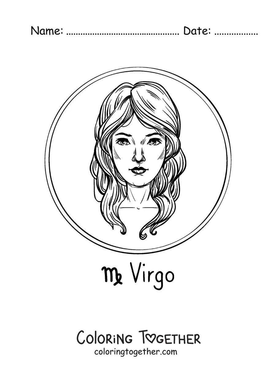 Coloring page of a realistic woman with the Virgo symbol
