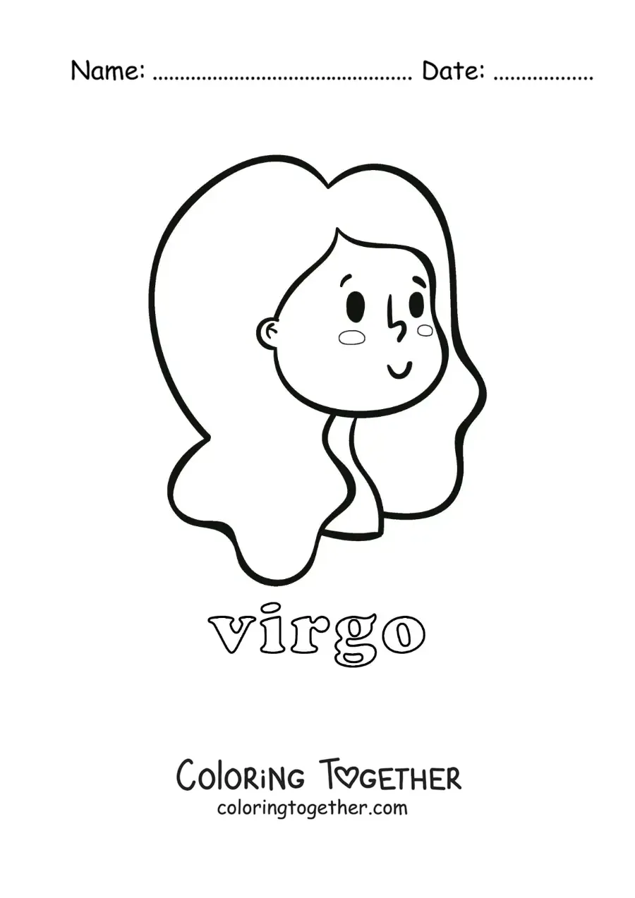Coloring page of an animated girl with the name of the Virgo sign