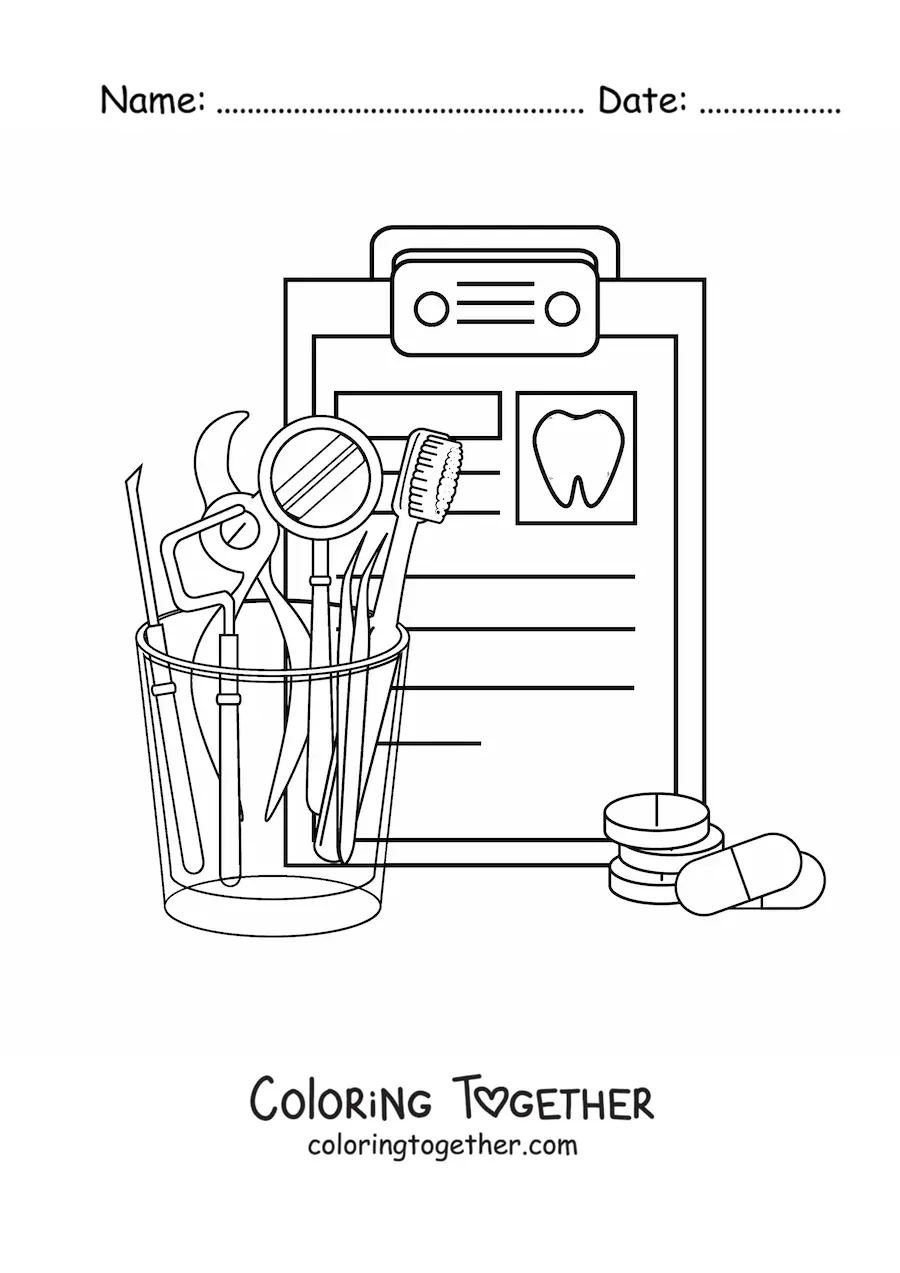 Coloring page of the dentist's instruments