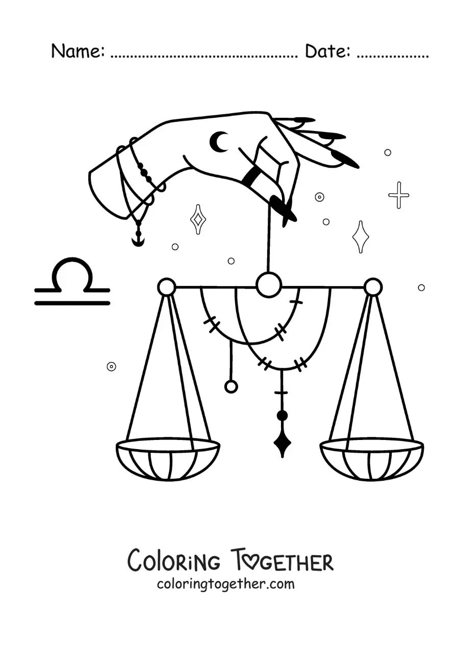 Coloring page of a hand holding the scales of the Libra sign
