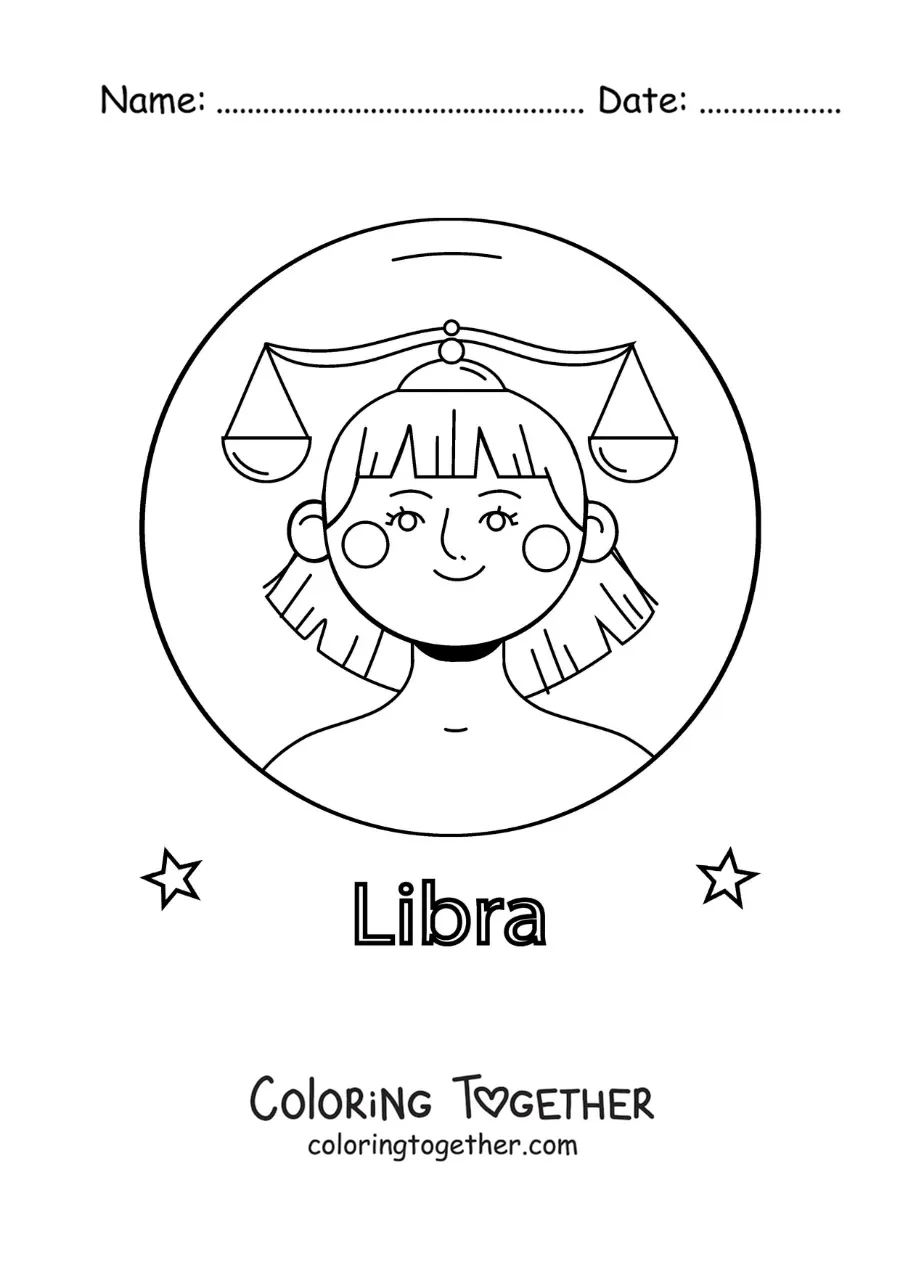 Coloring page of an animated Libra sign girl