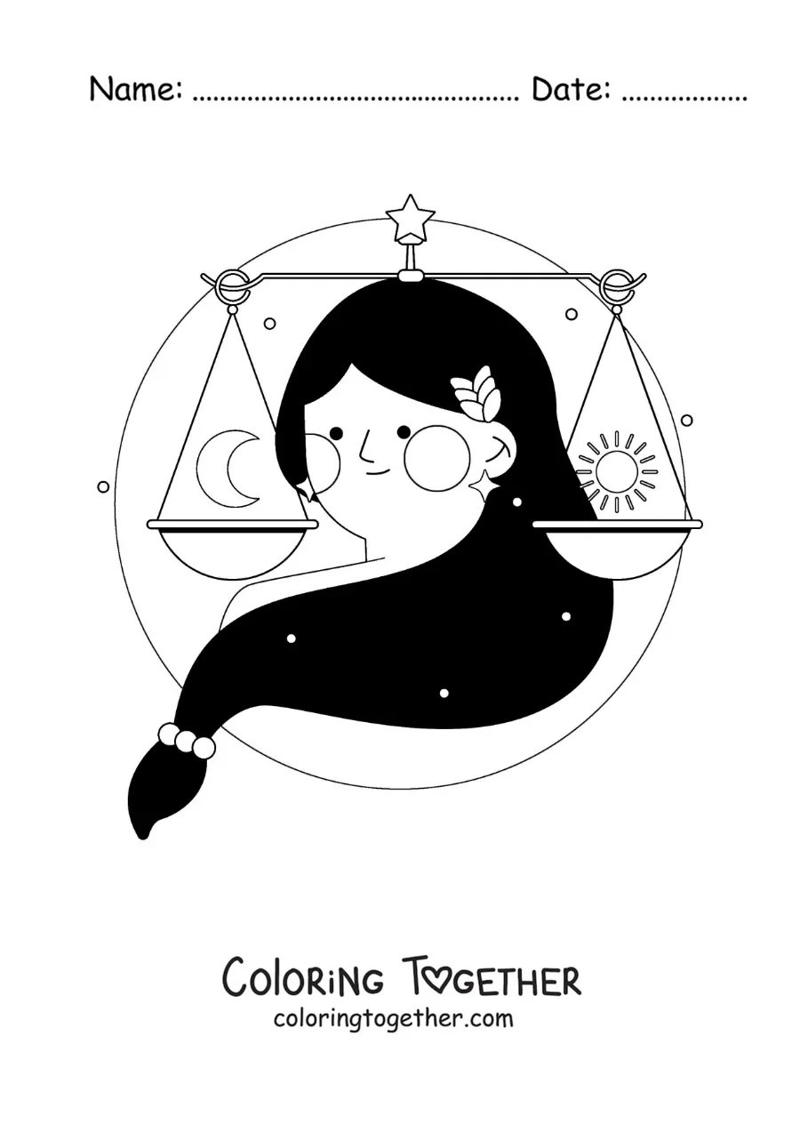 Coloring page of a Libra zodiac sign woman with her symbol
