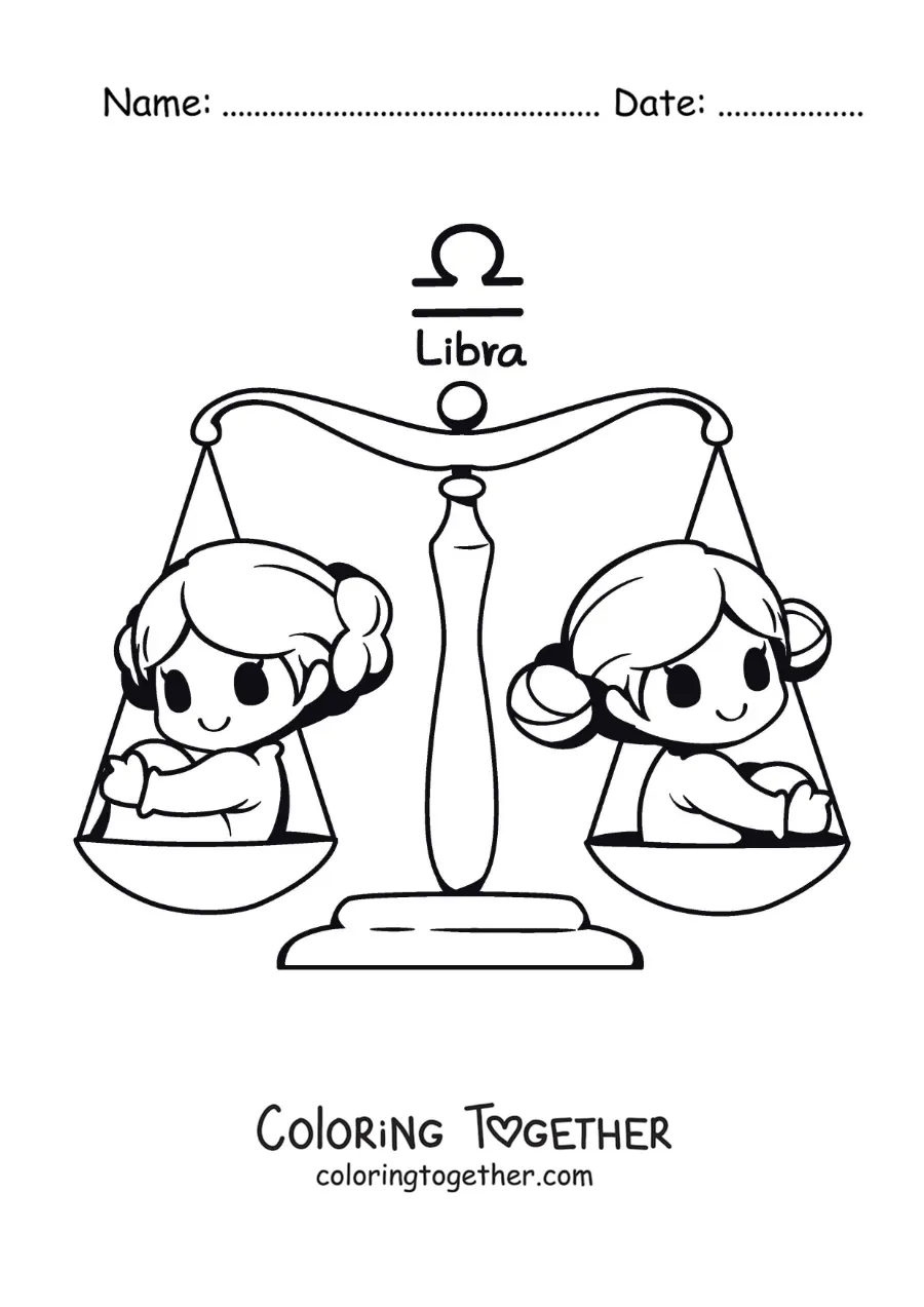 Coloring page of the Libra sign symbol with two animated kawaii girls