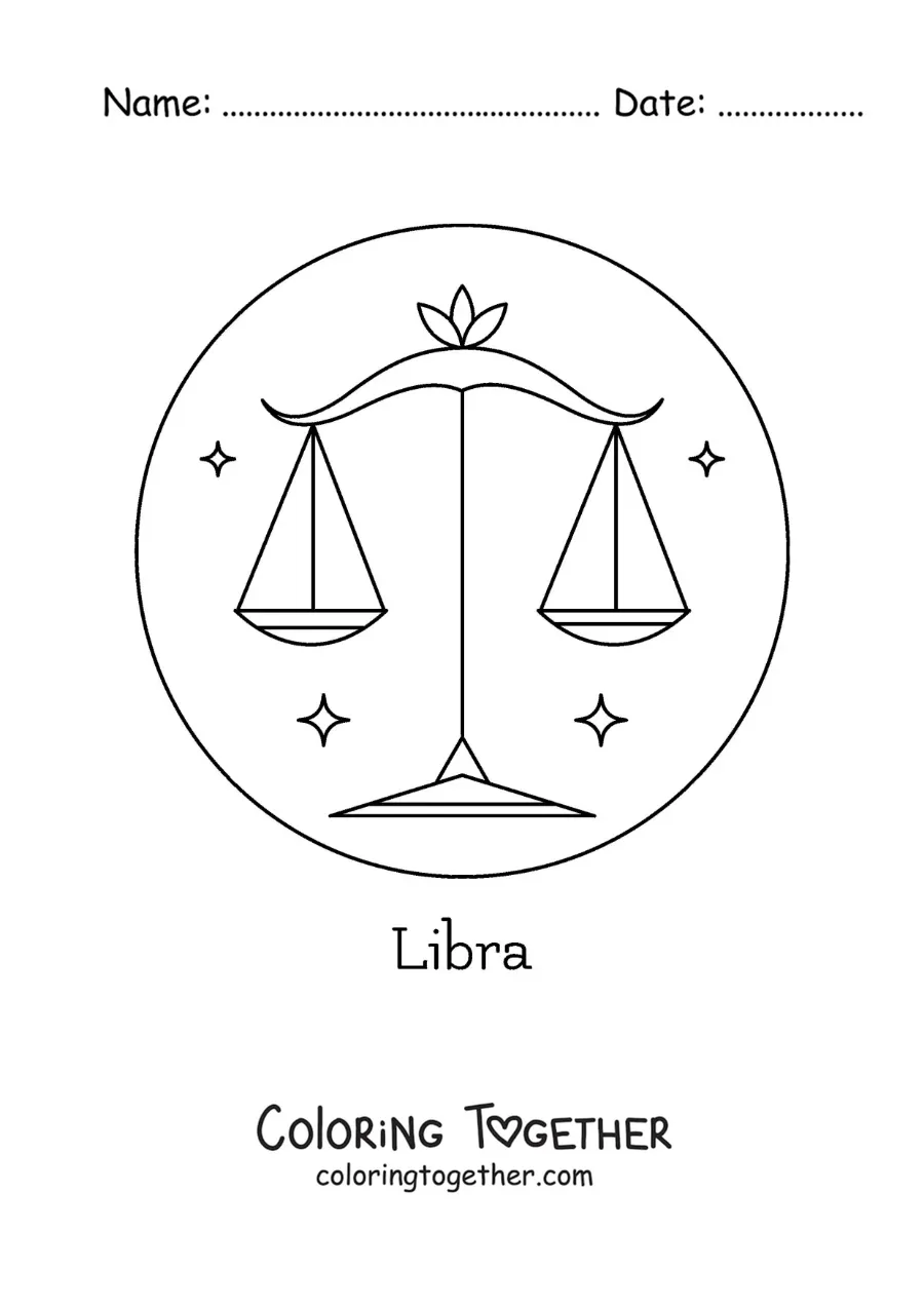 Coloring page of the Libra zodiac sign with its name