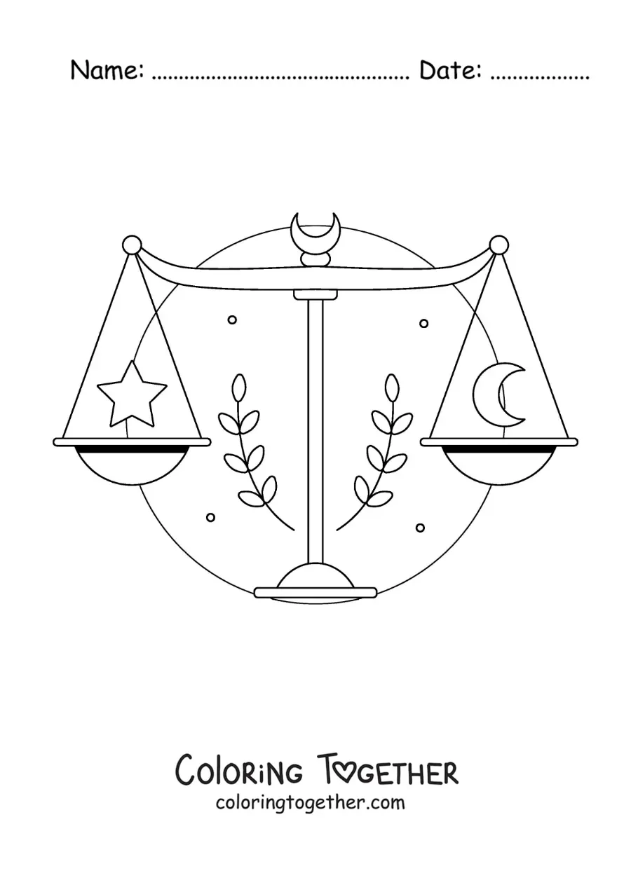 Coloring page of the Libra scales of justice with stars