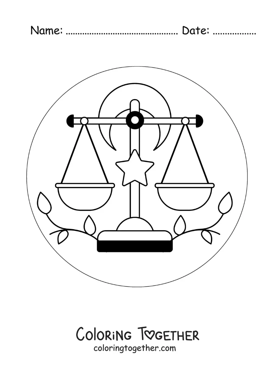 Coloring page of an animated Libra zodiac sign symbol with celestial bodies