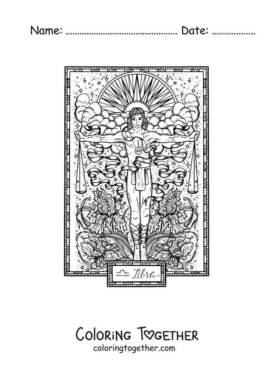 Coloring page of a Libra sign card