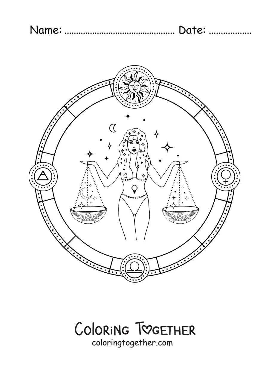 Coloring page of the goddess Themis with the scales of Libra