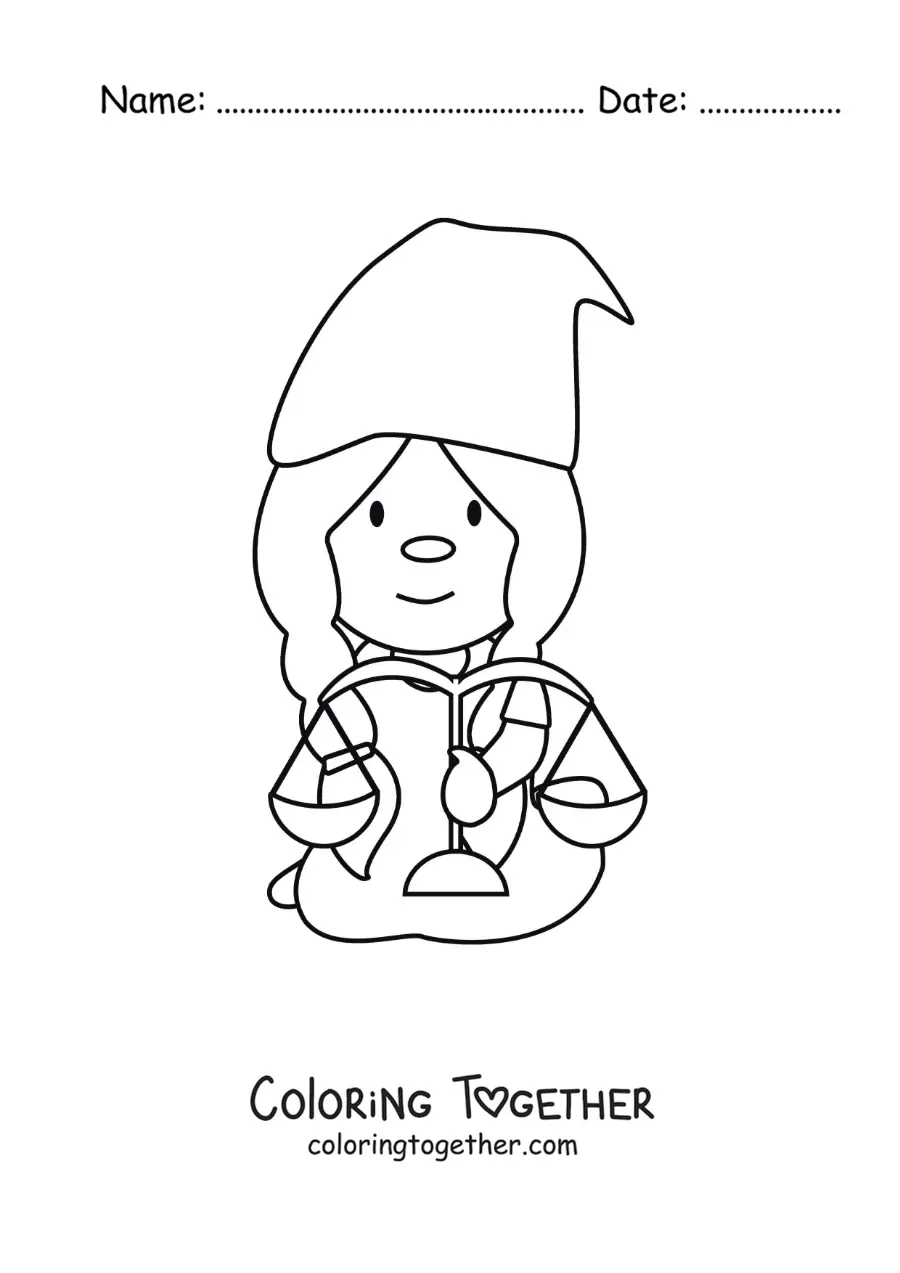 Coloring page of a childlike animated Libra sign gnome