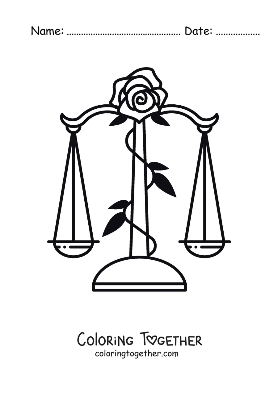 Coloring page of the Libra sign scales with a rose