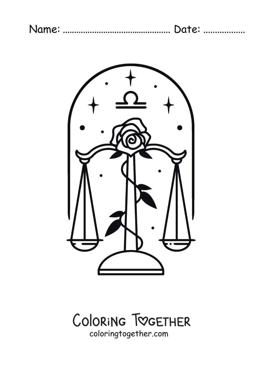 Coloring page of the Libra symbol with a rose