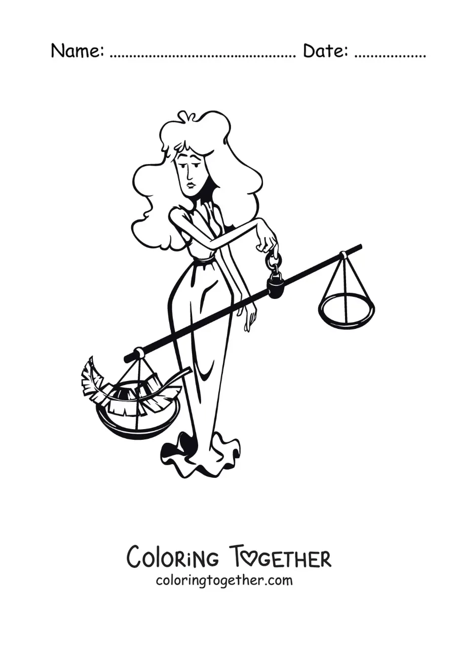 Coloring page of a children's cartoon of the goddess Themis of the Libra sign