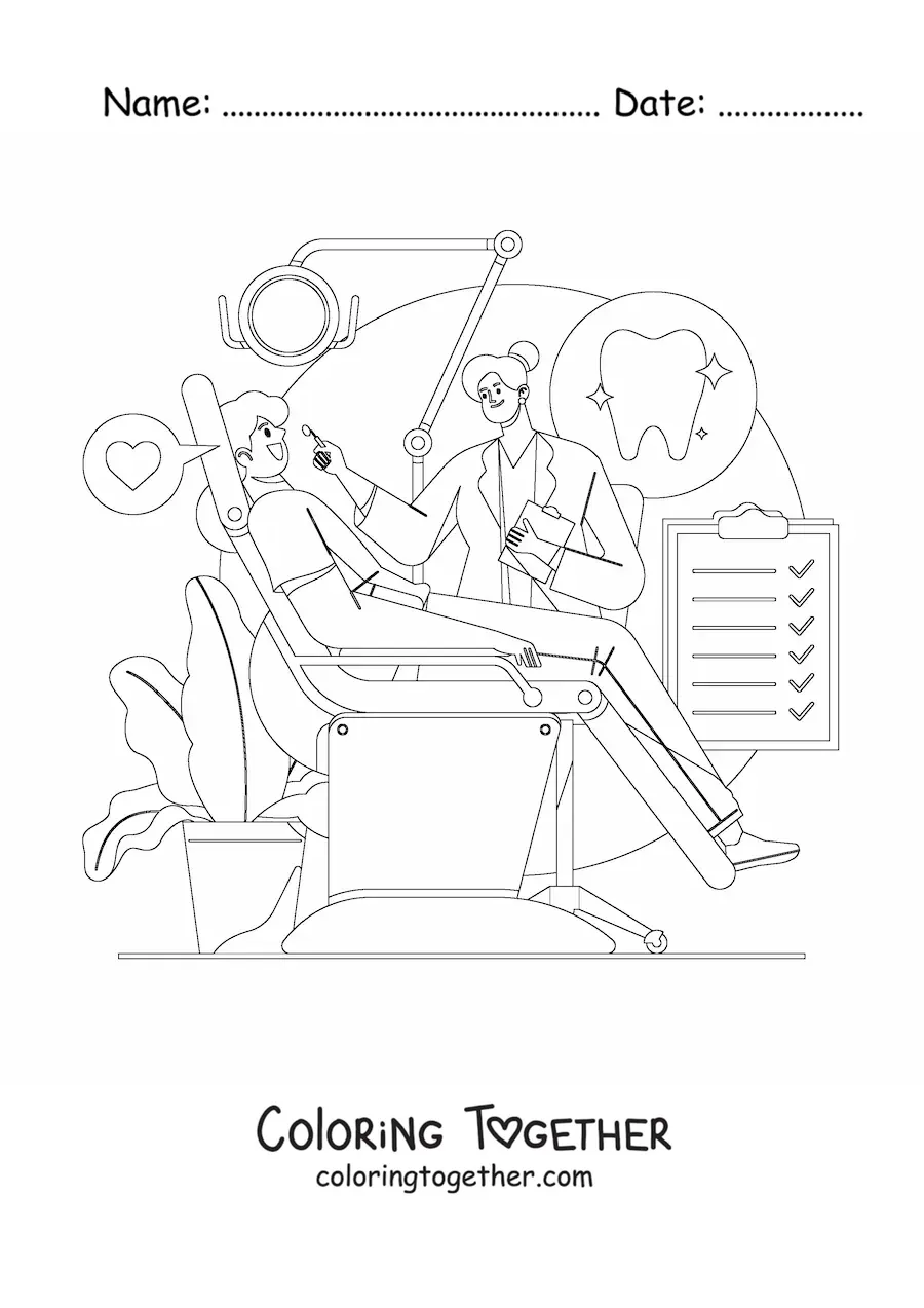 Coloring page of a woman dentist and a patient at the dental office