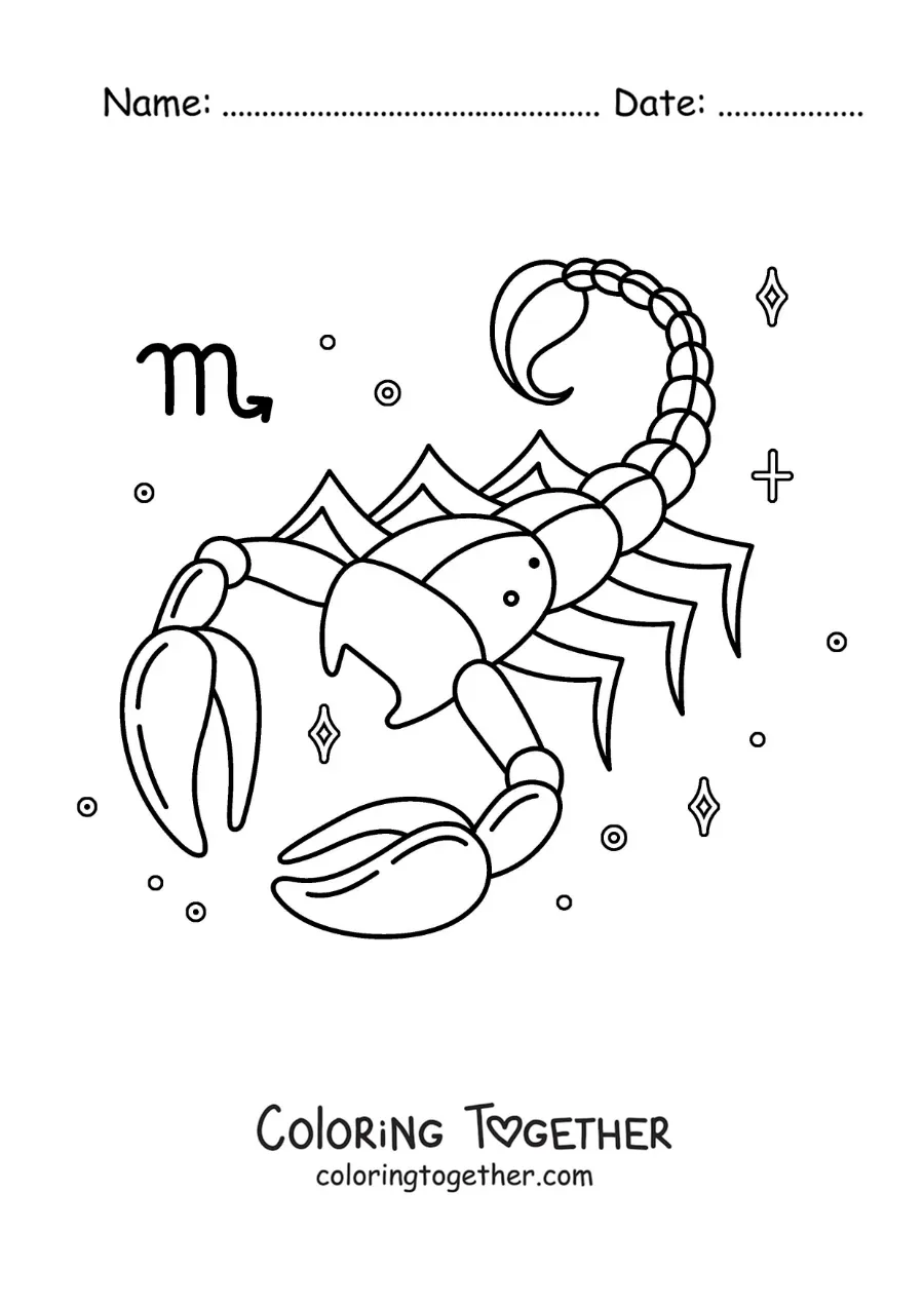 Coloring page of a scorpion of the Scorpio sign with its symbol and stars