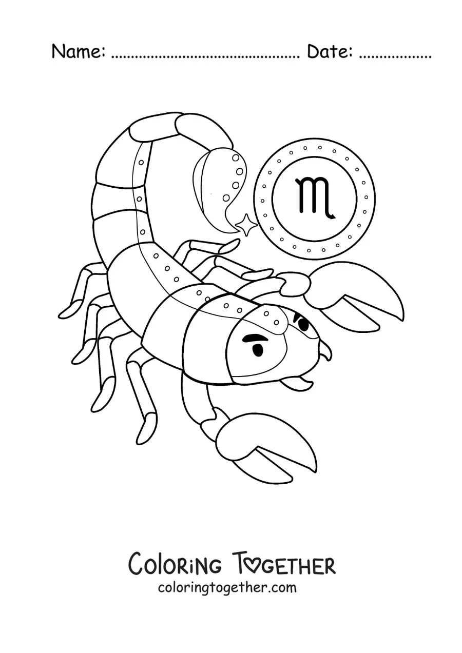 Coloring page of a children's animated scorpion of the Scorpio sign