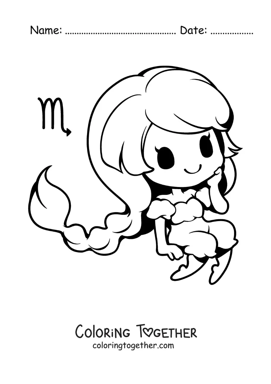Coloring page of an animated kawaii girl of the Scorpio sign