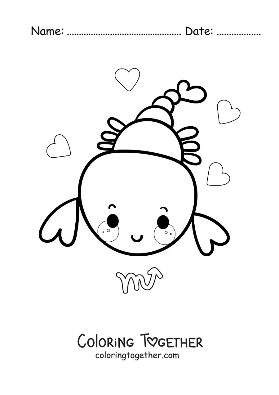 Coloring page of an animated kawaii scorpion of Scorpio with its symbol