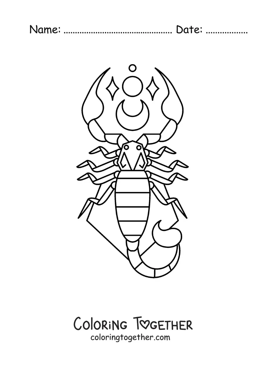 Coloring page of a scorpion of the Scorpio zodiac sign with a moon