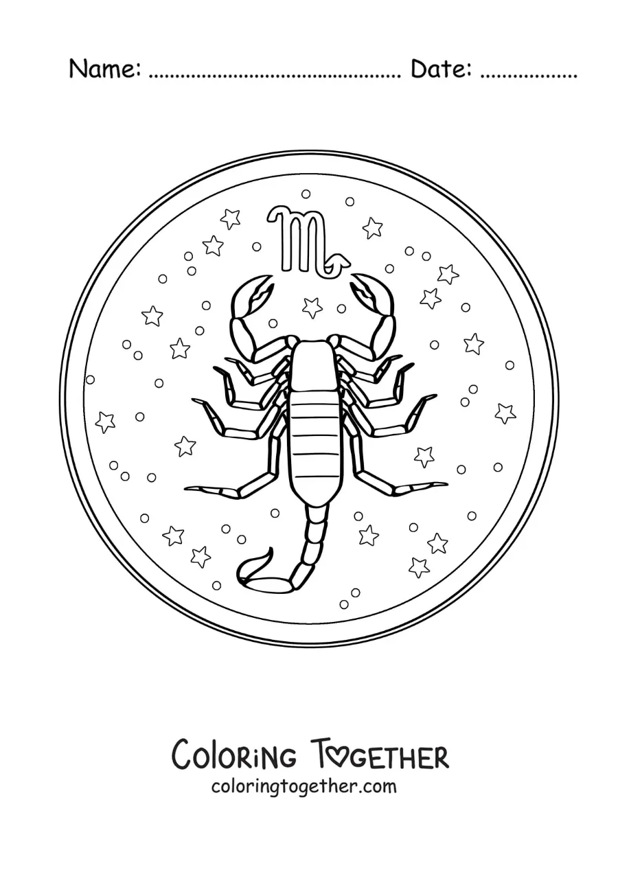 Coloring page of the Scorpio zodiac sign with its symbol and stars