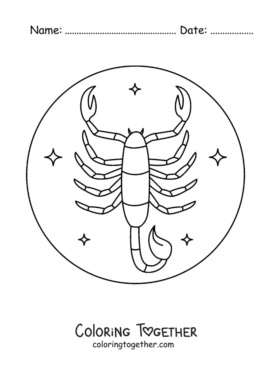 Coloring page of a Scorpio scorpion with stars