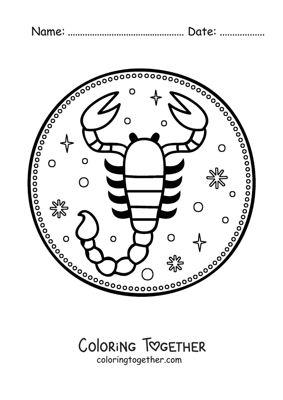 Coloring page of an easy Scorpio symbol with stars