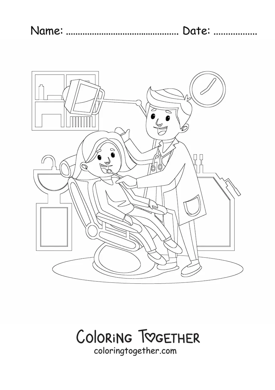 Coloring page of a dentist and a happy patient at the office