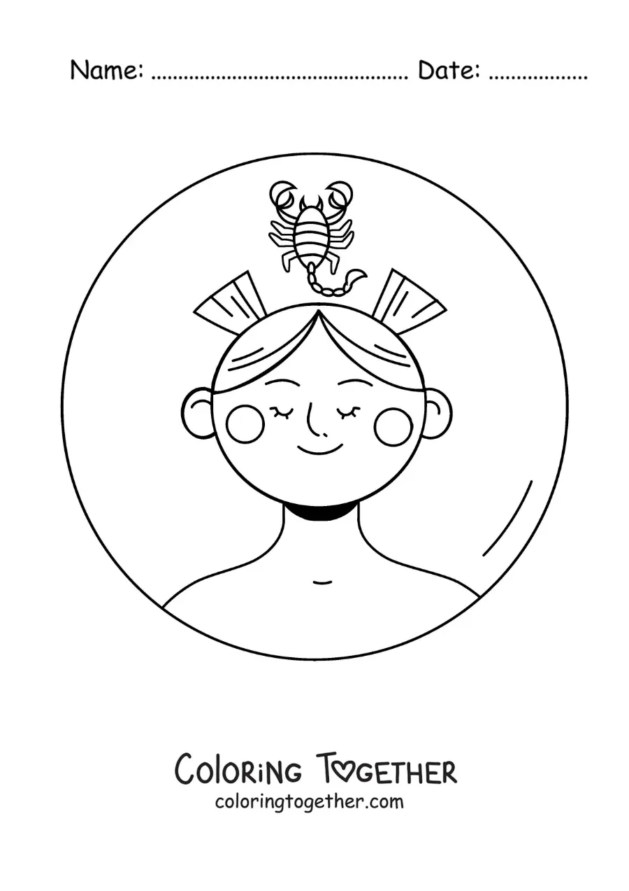 Coloring page of an animated woman of the Scorpio zodiac sign