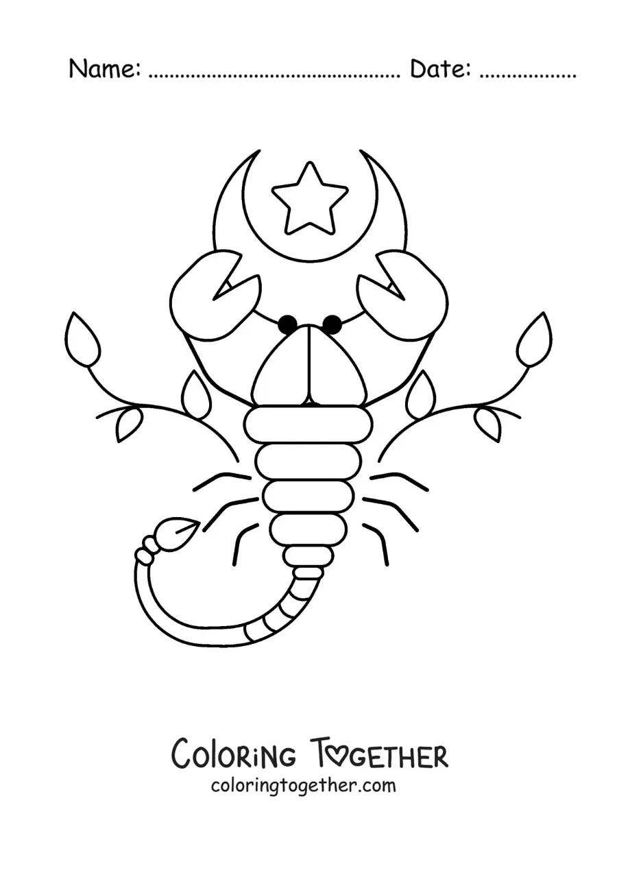 Coloring page of an animated Scorpio sign with a moon and leaves