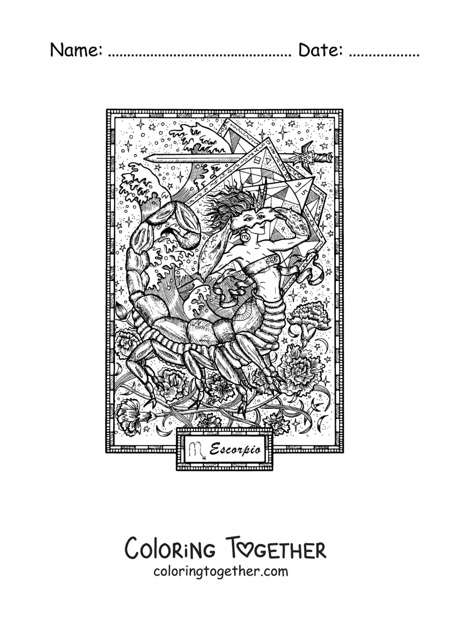 Coloring page of a card of the Scorpio sign