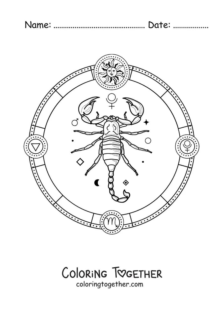 Coloring page of the astrological sign of Scorpio with its symbols