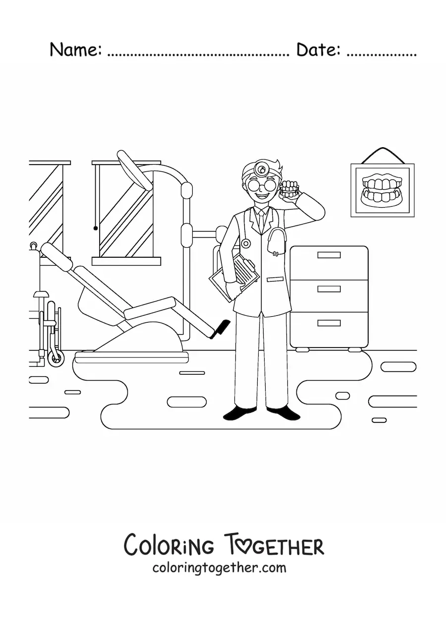 Coloring page of a dentist at the dental office