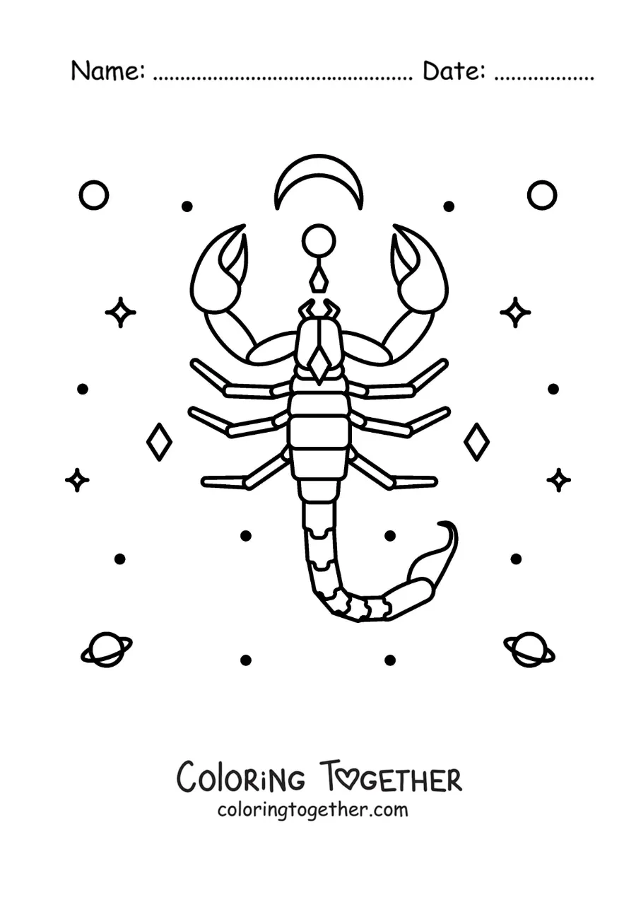 Coloring page of a Scorpio symbol with celestial bodies