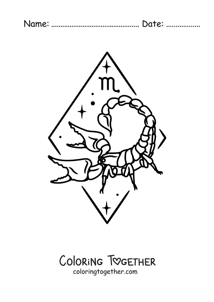Coloring page of an animated scorpion with the Scorpio symbol