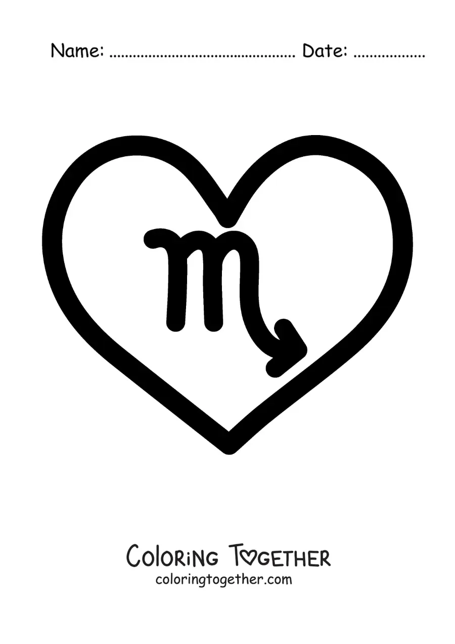 Coloring page of an easy Scorpio symbol in a heart